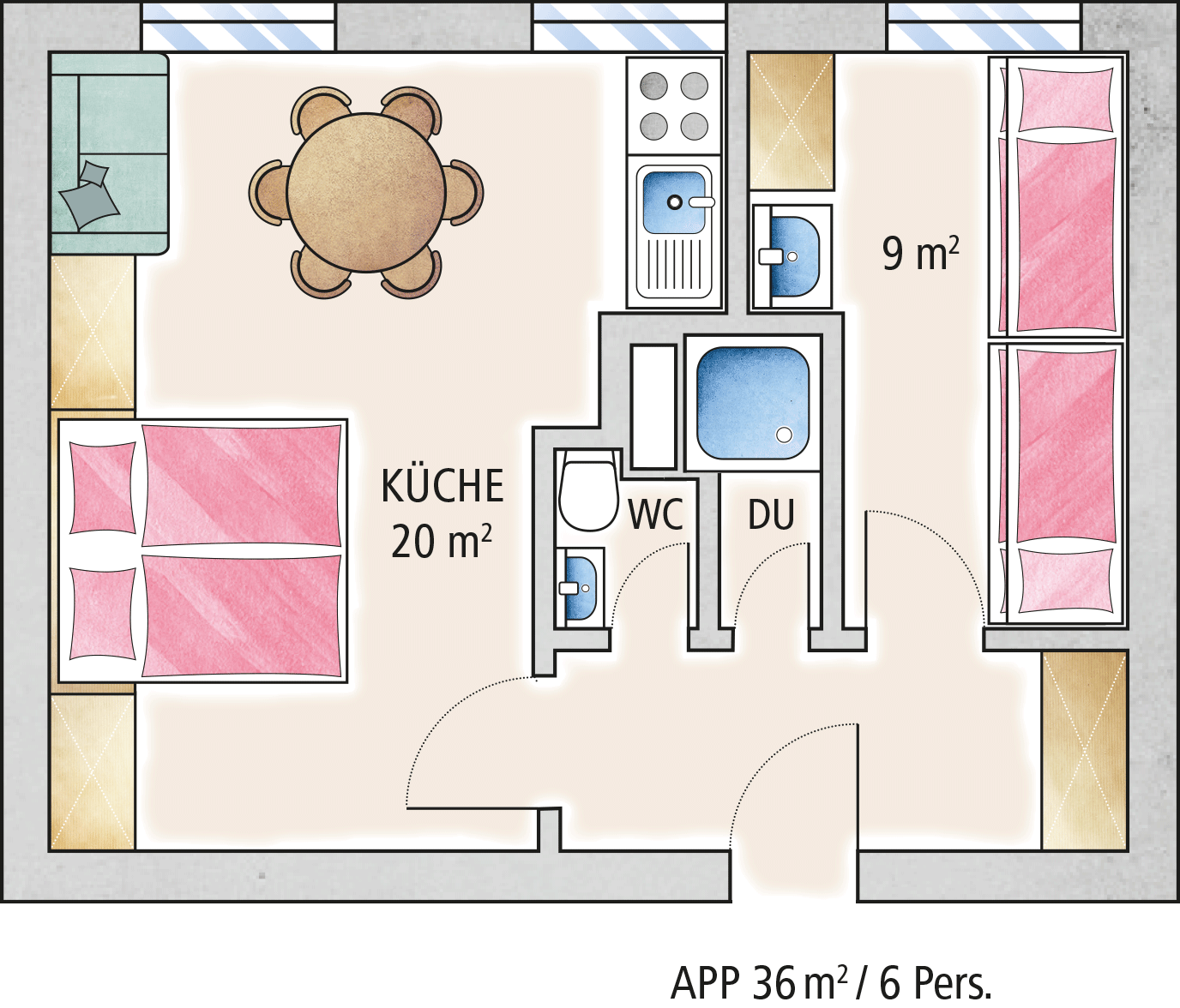 Grundriss einer Ferienwohnung der Familienferienstätte "Haus Seerose" von Regenesa auf Spiekeroog