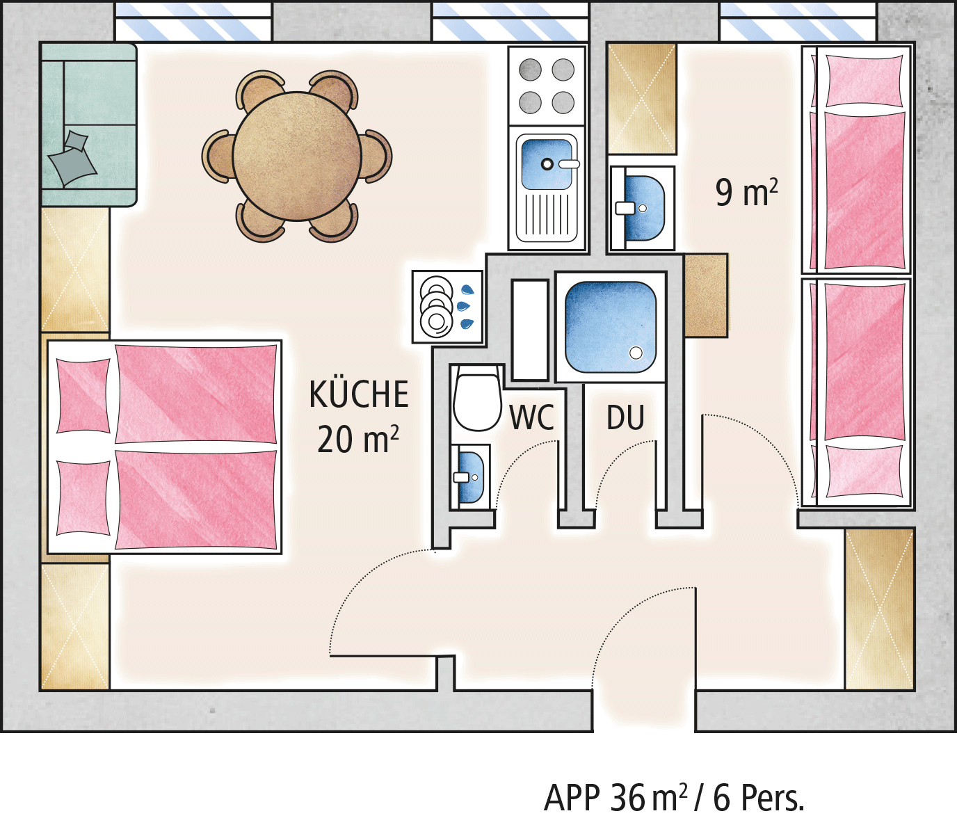 Grundriss einer Ferienwohnung der Familienferienstätte "Haus Seerose" von Regenesa auf Spiekeroog