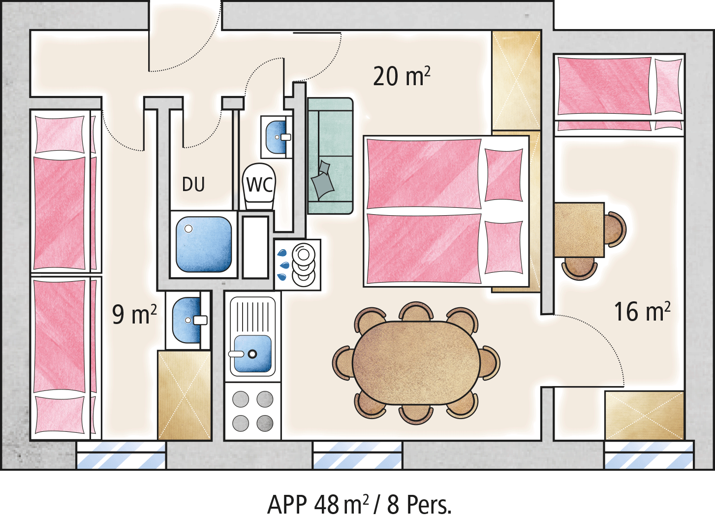 Grundriss einer Ferienwohnung der Familienferienstätte "Haus Seerose" von Regenesa auf Spiekeroog