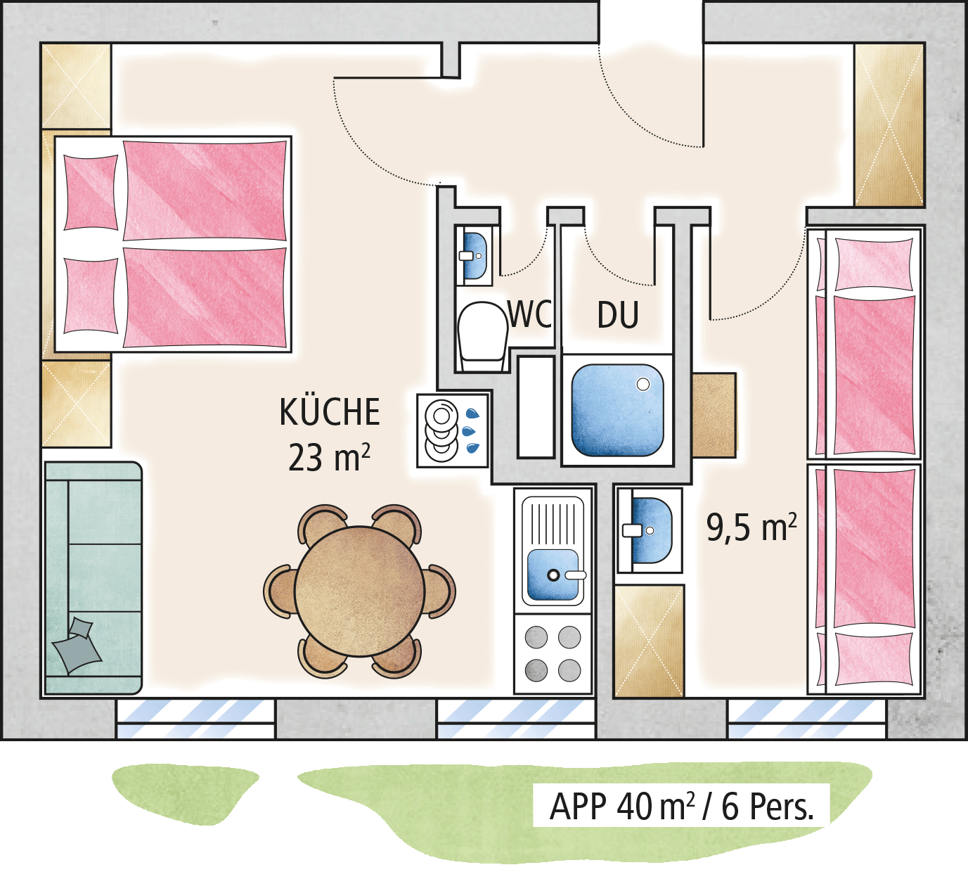 Grundriss einer Ferienwohnung der Familienferienstätte "Haus Seerose" von Regenesa auf Spiekeroog