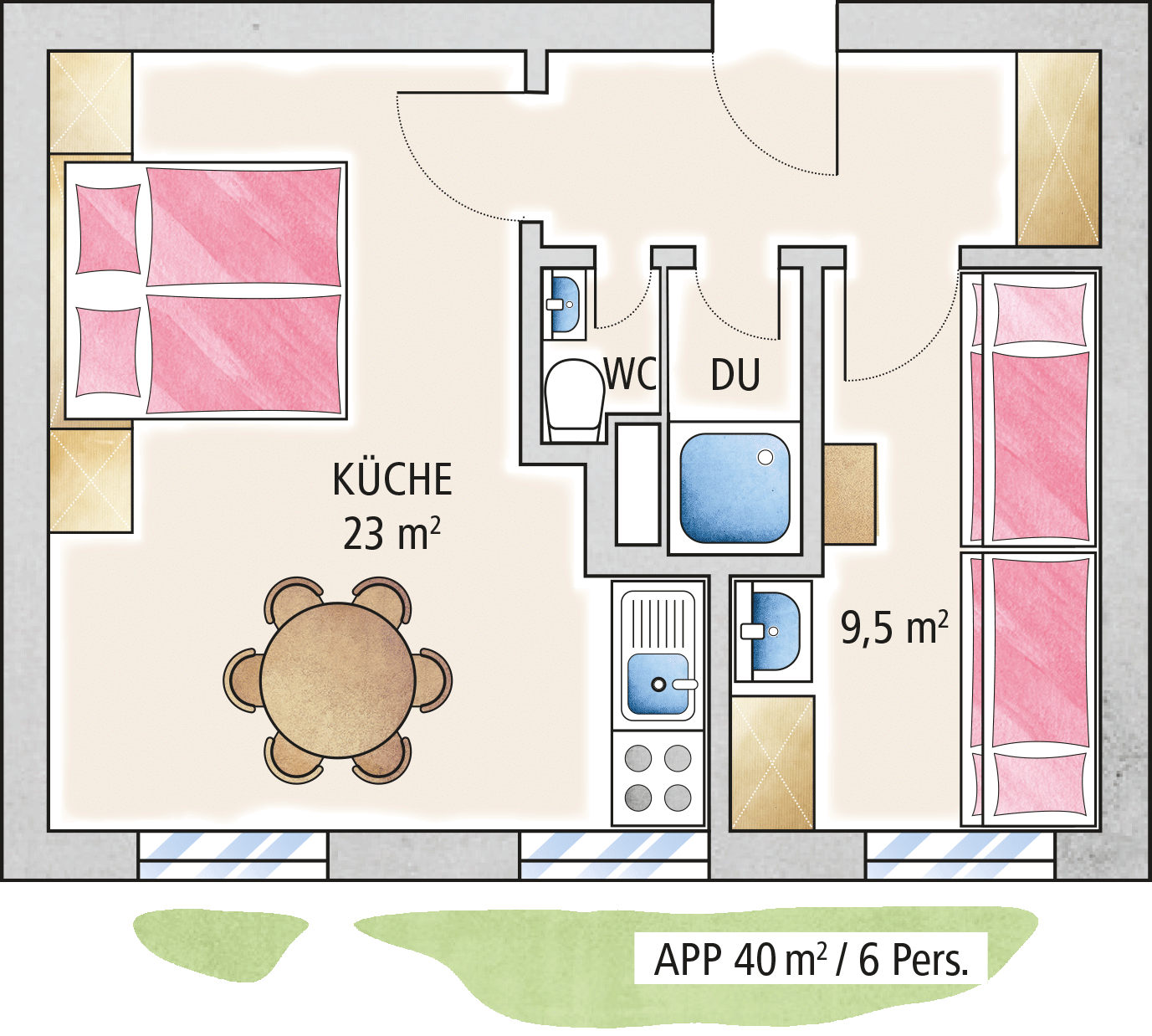 Grundriss einer Ferienwohnung der Familienferienstätte "Haus Seerose" von Regenesa auf Spiekeroog