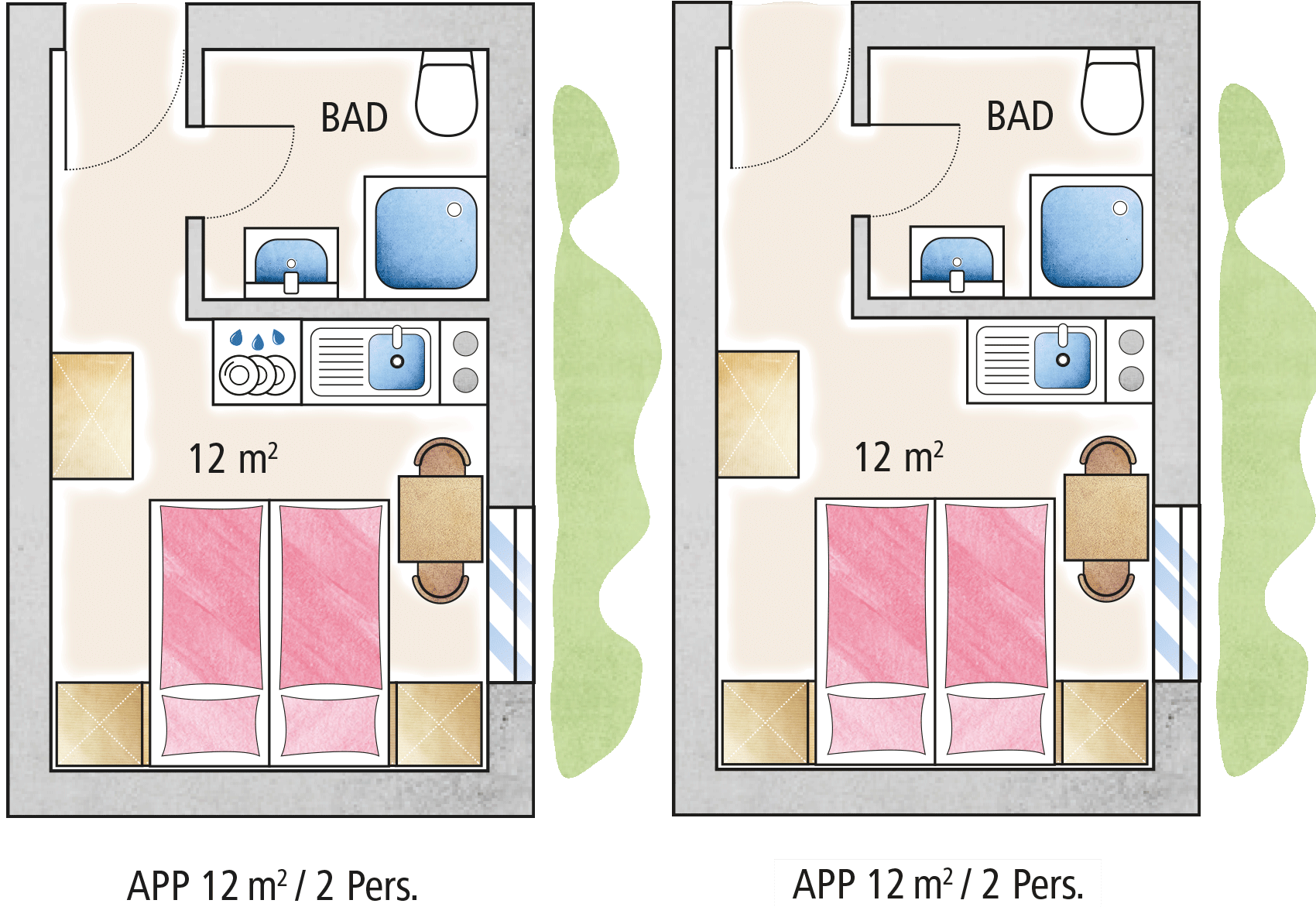 Grundriss einer Ferienwohnung der Familienferienstätte "Haus Seerose" von Regenesa auf Spiekeroog