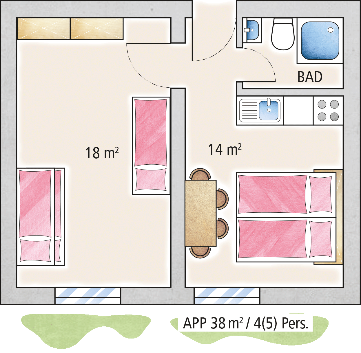Grundriss einer Ferienwohnung der Familienferienstätte "Haus Seerose" von Regenesa auf Spiekeroog