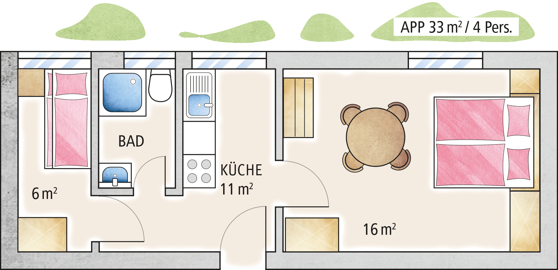 Grundriss einer Ferienwohnung der Familienferienstätte "Haus Seerose" von Regenesa auf Spiekeroog
