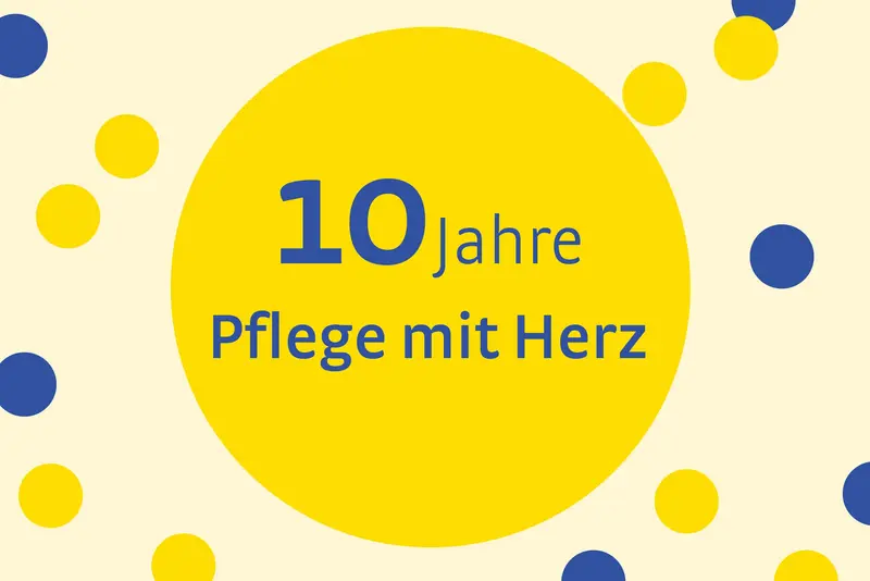Das Bild zeigt eine Grafik mit Konfetti und dem Schriftzug "10 Jahre Pflege mit Herz".